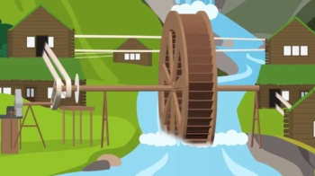 Schematische Darstellung, wie Wasserkraft funktioniert